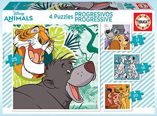 Educa Borrás Puzzle Progressivi da 12, 16, 20 e 25 pezzi, Disney Animals, a partire da 36 mesi (18628), colore/modello assortito