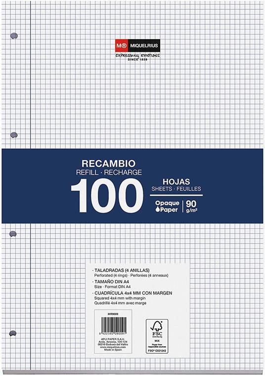 Miquelrius - Ricarica 100 fogli, quadretti da 4 mm e margine, formato A4, 4  fori, carta da 90 g - Miquel Rius - Cartoleria e scuola