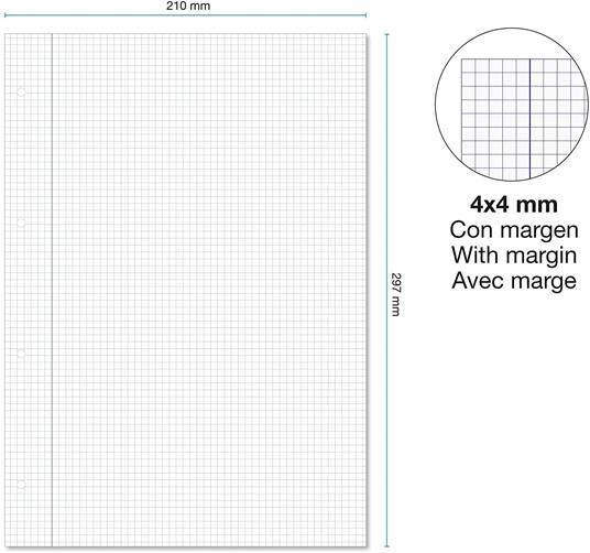 Miquelrius - Ricarica 100 fogli, quadretti da 4 mm e margine, formato A4, 4  fori, carta da 90 g