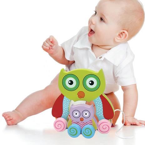 Gioco Gufetto Legno Trainabile Gufo Giocattolo per Bambini da Tirare 18cm Verde - 2