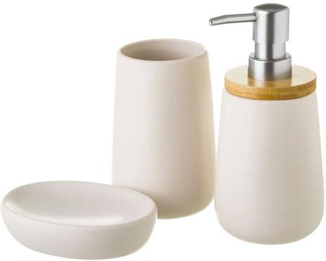 Set Bagno 3pz Con Dispenser Sapone Bicchiere Portaspazzolini Ceramica e Legno