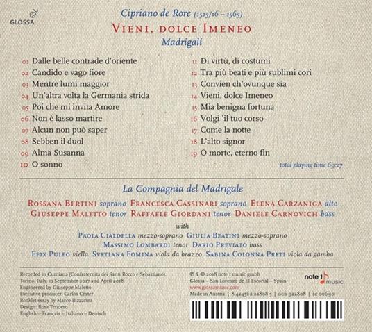 Vieni, Dolce Imeneo - CD Audio di C. De Rore - 2