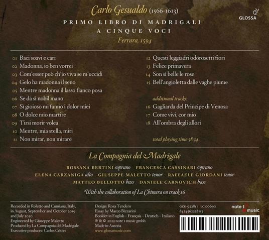 Primo Libro di Madrigali - CD Audio di Carlo Gesualdo,Compagnia del Madrigale - 2