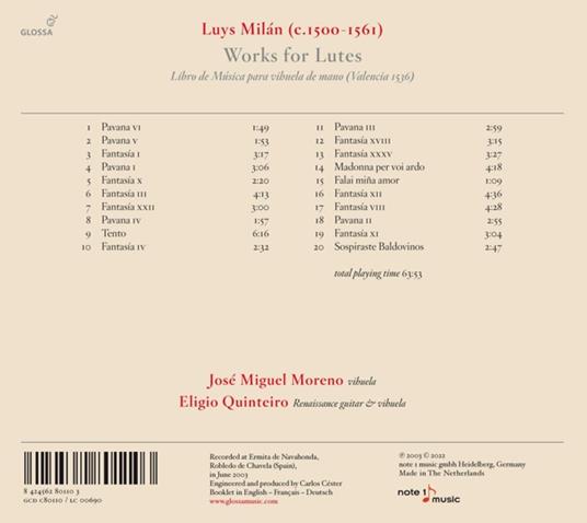 Lluys Milan. Works For Lute - CD Audio di Jose Miguel Moreno - 2