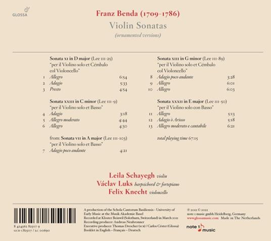 Violin Sonatas - CD Audio di Frantisek Benda,Leila Schayegh - 2