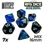 GreenStuffWorld - 7x Mix 16mm Dice - Blue Swirl