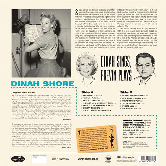 Dinah Sings Previn Plays - Vinile LP di André Previn,Dinah Shore - 2