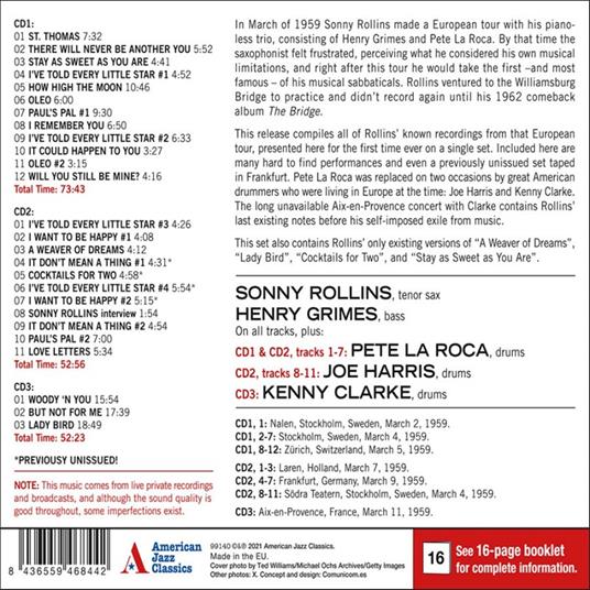 Live in Europe 1959. Complete Recordings - CD Audio di Sonny Rollins - 2