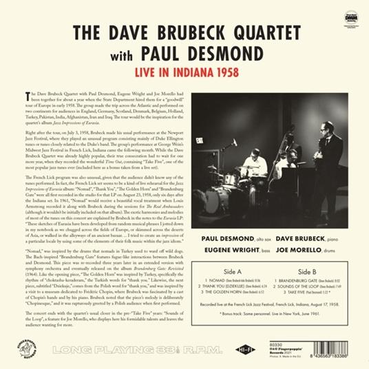 Live in Indiana 1958 - Vinile LP di Dave Brubeck