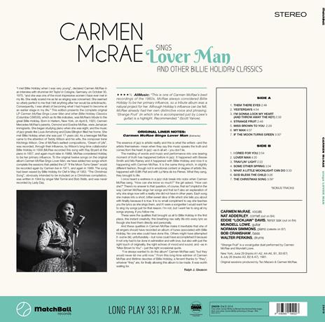 Sings Lover Man and Other Billie Holiday (180 gr.) - Vinile LP di Carmen McRae - 2