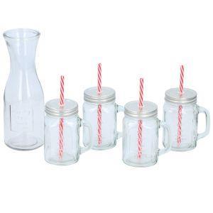 Set Caraffa Brocca e 4 Tazze Bicchieri Barattolo In Vetro Con Cannuccia 1Lt - 2