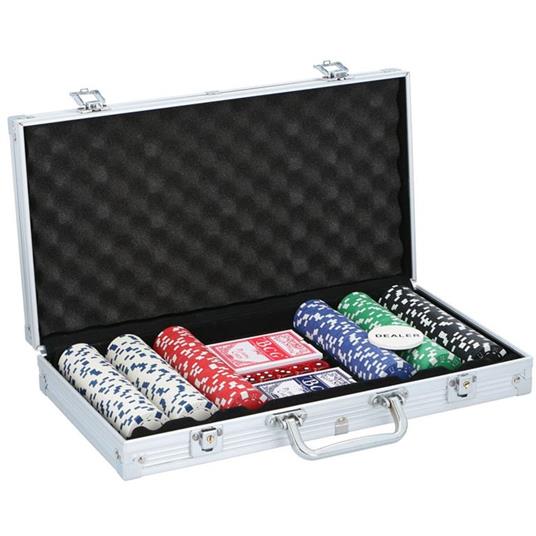 Set Valigetta Da Poker Confezione 300 Fiches 2 Mazzi Di Carte 5 Dadi E Gettone