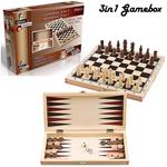 Dama Scacchi e Backgammon Gioco Box in Legno 3 in 1 Giochi Di Società Scatola