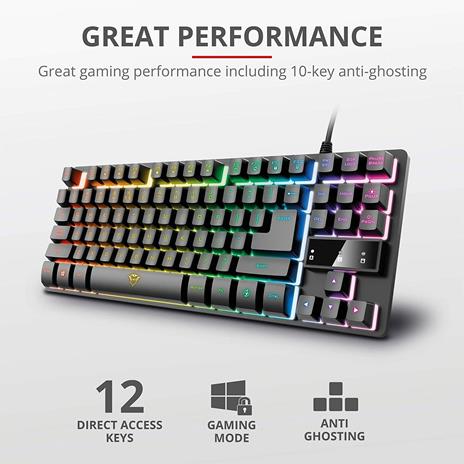 Trust Tastiera Gaming GXT 833 Thado, in Metallo con illuminazione LED Multicolore, Layout Italiano QWERTY, Design Compatto TKL (più piccolo del 20%), Anti-Ghosting, USB Plug & Play, PC/Computer - 2