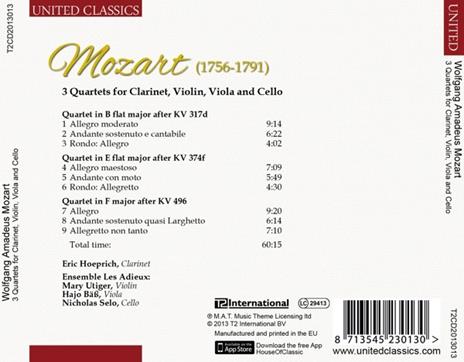 3 Quartets for Clarinet Violin Viola & Cello - CD Audio di Wolfgang Amadeus Mozart - 2