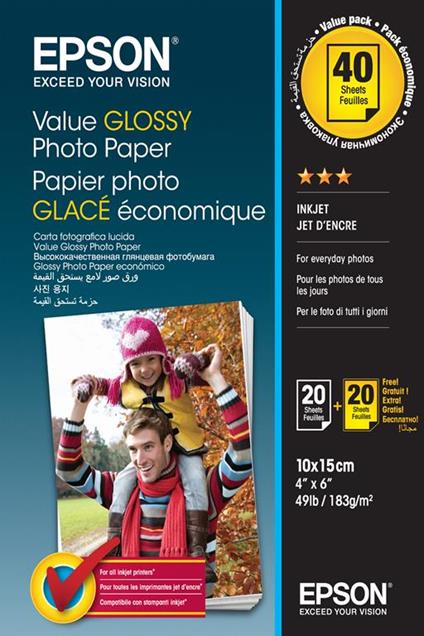 Epson Value Glossy Photo Paper - 10x15cm - 2x 20 Fogli (BOGOF) carta fotografica