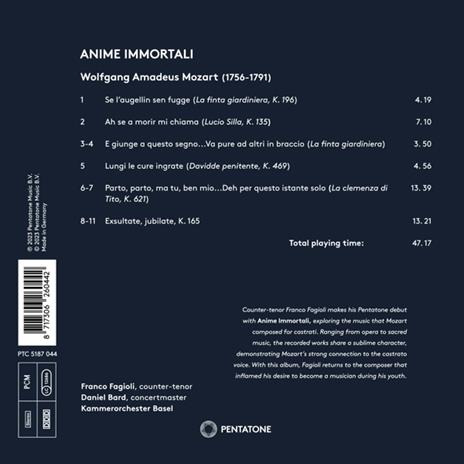 Anime Immortali - CD Audio di Wolfgang Amadeus Mozart,Franco Fagioli,Kammerorchester Basel - 2
