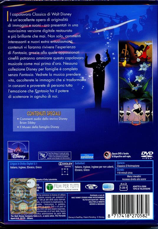 Fantasia di James Algar,Bill Roberts,Paul Satterfield,Hamilton Luske,Wilfred Jackson,Samuel Armstrong,Norman Ferguson,T. Hee,Jim Handley,Ford Beebe - DVD - 2