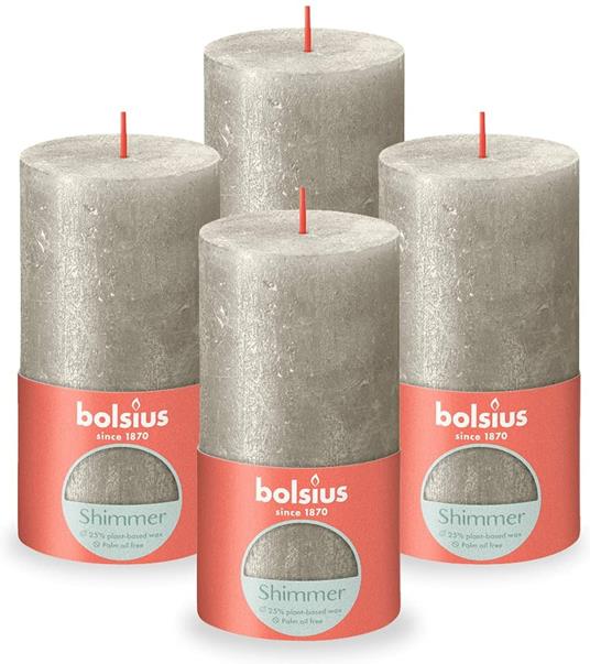 BOLSIUS - Candela a colonna rustica Shimmer - Champagne - 13cm - Confezione da 4 - Non gocciolare - Candele non profumate