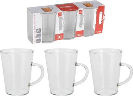 3 Tazze Mug Vetro 250ml Accessori Casa Cucina