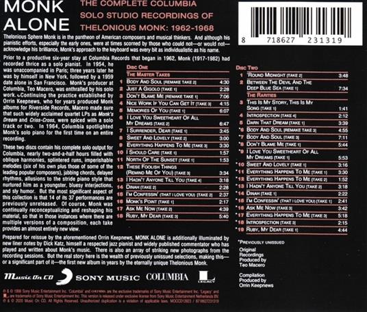 Monk Alone. Complete Columbia Solo Studio Recordings - CD Audio di Thelonious Monk - 2
