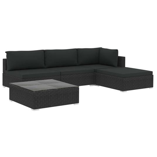 vidaXL Set Divani da Giardino 5 pz con Cuscini in Polyrattan Nero - 2