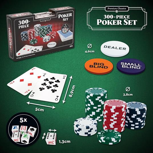 Goliath - CASSETTA DA POKER : SET 300 CHIPS - Cassetta in alluminio completa di gioco di carte, 300 fiches da poker e 5 dadi - 5