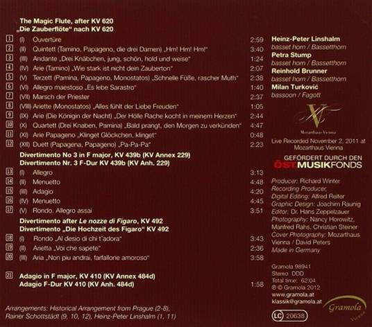 Il Flauto Magico K 620, 5 Divertimenti n.3 K 439b, Le Nozze di Figaro K 492 - CD Audio di Wolfgang Amadeus Mozart