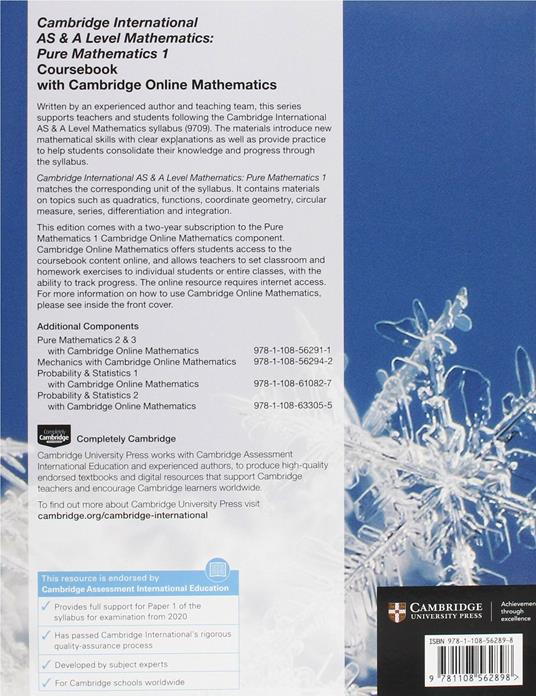 Cambridge International AS & A Level Mathematics Pure Mathematics 1 Coursebook with Cambridge Online Mathematics (2 Years) - Sue Pemberton - 2