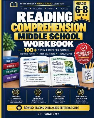 Reading Comprehension Workbook for Middle School Grades 6-8: 100+ Fiction & Nonfiction Passages with Critical Thinking, Main Idea, Inference & Vocabulary Practice - Fanatomy - cover