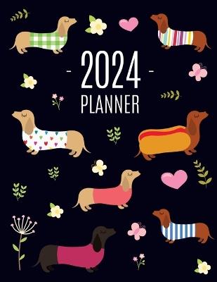 Dachshund Planner 2024: Funny Dog Monthly Agenda January-December Organizer (12 Months) Cute Puppy Scheduler with Flowers & Pretty Pink Hearts - Happy Oak Tree Press - cover