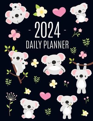 Koala Planner 2024: Australian Outback Animal Agenda: January-December Pretty Pink Butterflies & Yellow Flowers Monthly Scheduler For Work or Office - Pimpom Pretty Press - cover