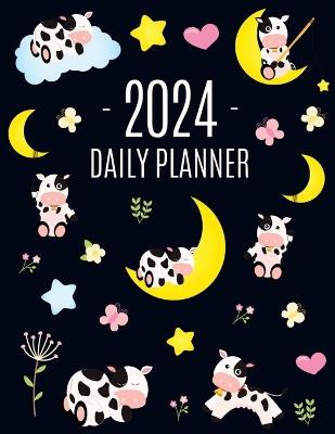 Cow Planner 2024: Cute 2024 Daily Organizer: January-December (12 Months) Pretty Farm Animal Scheduler With Calves, Moon & Hearts - Happy Oak Tree Press - cover