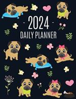 Pug Planner 2024: Funny Tiny Dog Monthly Agenda January-December Organizer (12 Months) Cute Canine Puppy Pet Scheduler with Flowers & Pretty Pink Hearts