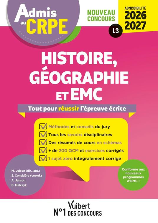 Admis au CRPE 2026-2027 - Epreuve écrite d’admissibilité L3 - Histoire Géographie EMC