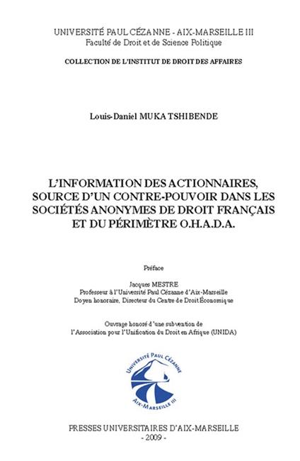 L’information des actionnaires, source d’un contre-pouvoir dans les sociétés anonymes de droit français et du périmètre O.H.A.D.A.
