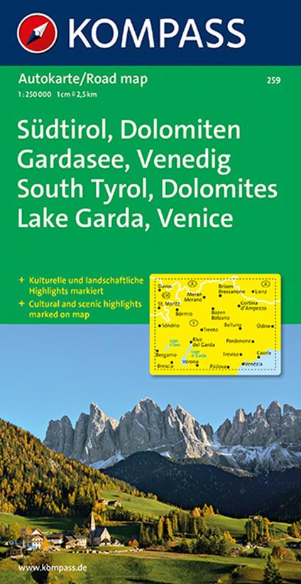 Carta stradale n. 259. Alto Adige, Dolomiti, Lago di Garda, Venezia-Südtirol, Dolomiten, Gardasee, Venedig 1:250.000. Ediz. bilingue - copertina