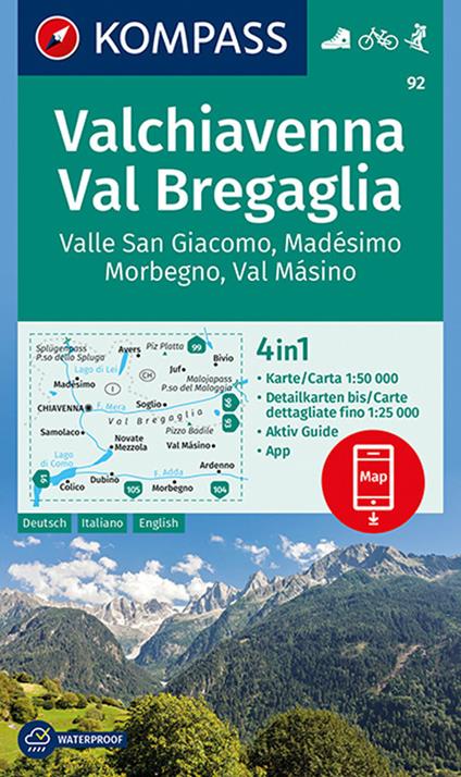 Carta escursionistica n. 92. Valchiavenna, Val Bregaglia 1:50.000 Ediz. italiana, tedesca e inglese - copertina