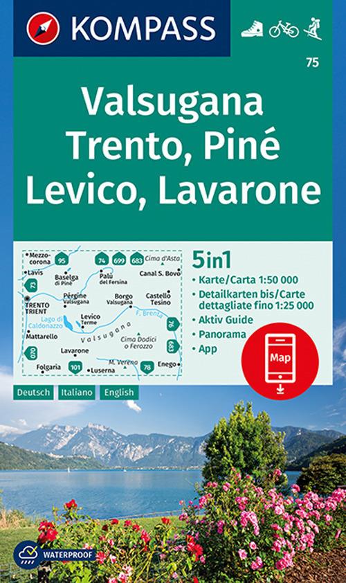 Carta escursionistica n. 75. Valsugana, Trento, Pine, Levico, Lavarone 1:50.000. Ediz. italiana, tedesca e inglese - copertina