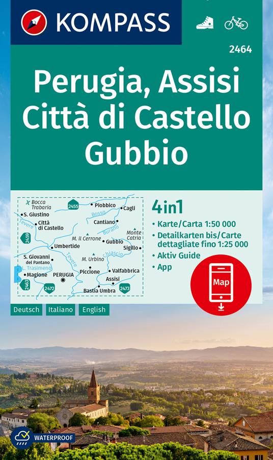 Carta n. 2464. Perugia, Assisi, Città di Castello, Gubbio. Ediz. italiana, inglese e tedesca - copertina
