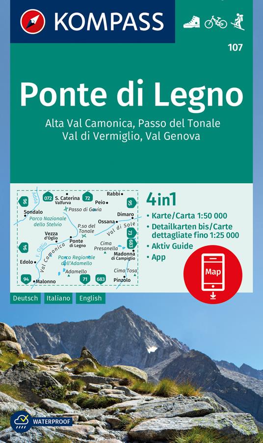 Carta escursionistica n. 107. Ponte di legno Alta Val Camonica, Passo del Tonale, Val di Vermiglio, Val Genova 1:50.000. Ediz. italiana, tedesca e inglese - copertina