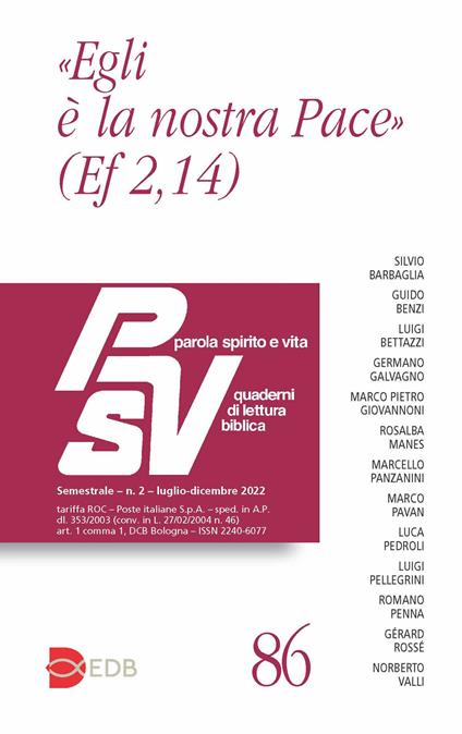 Parola spirito e vita. Quaderni di lettura biblica (2022). Vol. 2: «Egli è la nostra pace» (Ef 2,14) - copertina