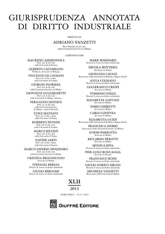 Giurisprudenza annotata di diritto industriale. Anno 42º (2013) - copertina