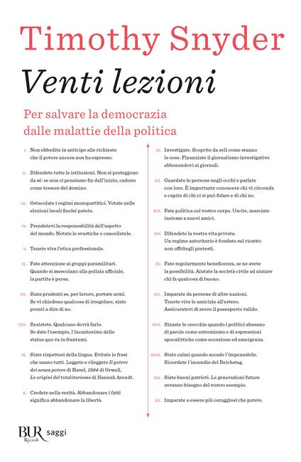 Venti lezioni - Timothy Snyder - copertina
