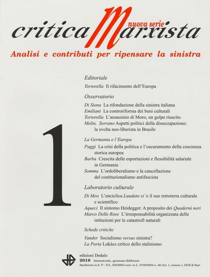 Critica marxista (2016). Vol. 1 - copertina