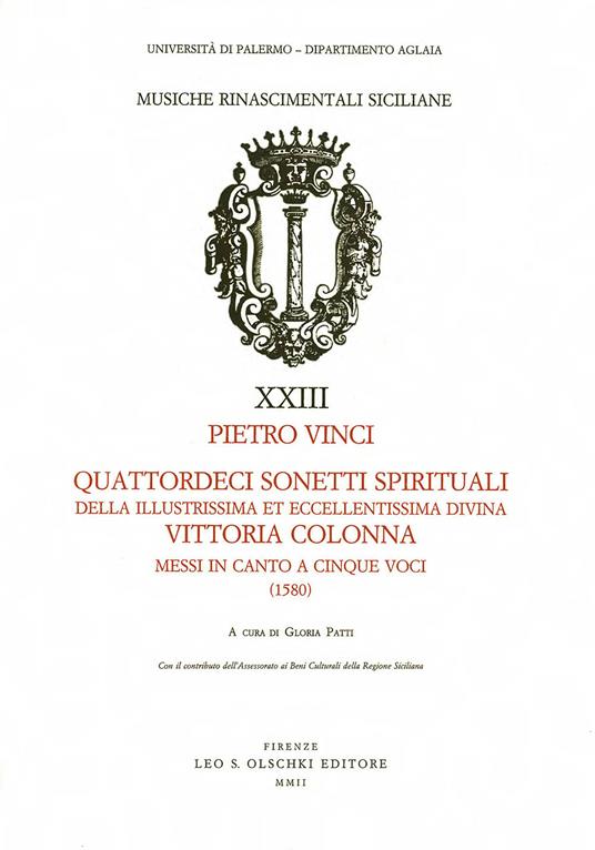 Quattordici sonetti spirituali della illustrissima et eccellentissima divina Vittoria Colonna messi in canto a cinque voci (1580) - Pietro Vinci - copertina