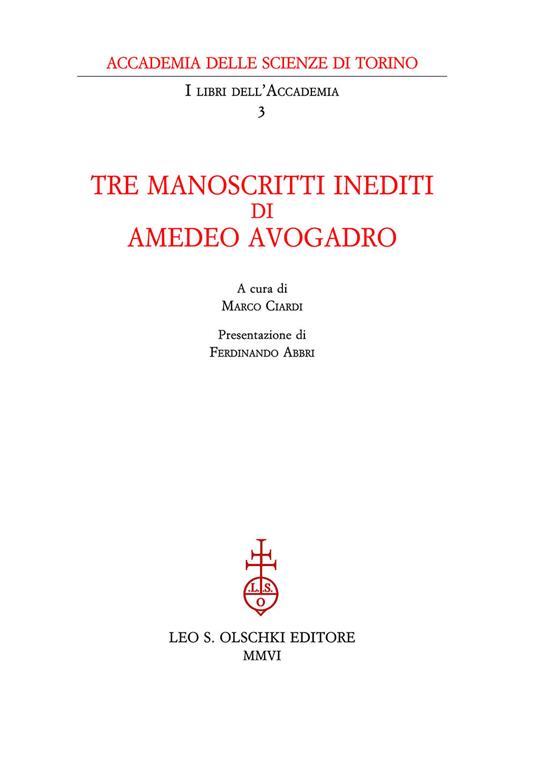 Tre manoscritti inediti di Amedeo Avogadro - copertina