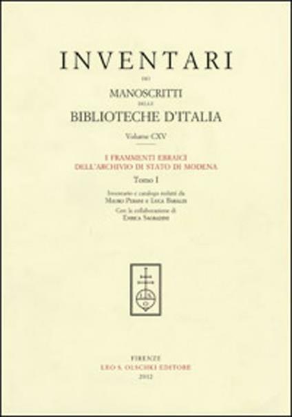 Inventari dei manoscritti delle biblioteche d'Italia. Vol. 115: I frammenti ebraici dell'archivio di Stato di Modena - copertina