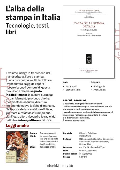 L'alba della stampa in Italia. Tecnologie, testi, libri - 2