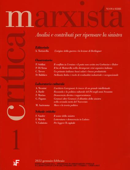 Critica marxista (2022). Vol. 1 - copertina